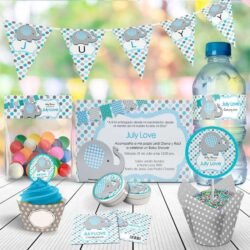 Kit Imprimible Elefante Gris Azul Baby Shower