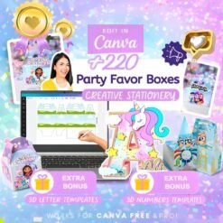 Cajas de recuerdos para fiestas + 220 Plantillas + Bonus letras, números 3D, invitaciones y más en Canva