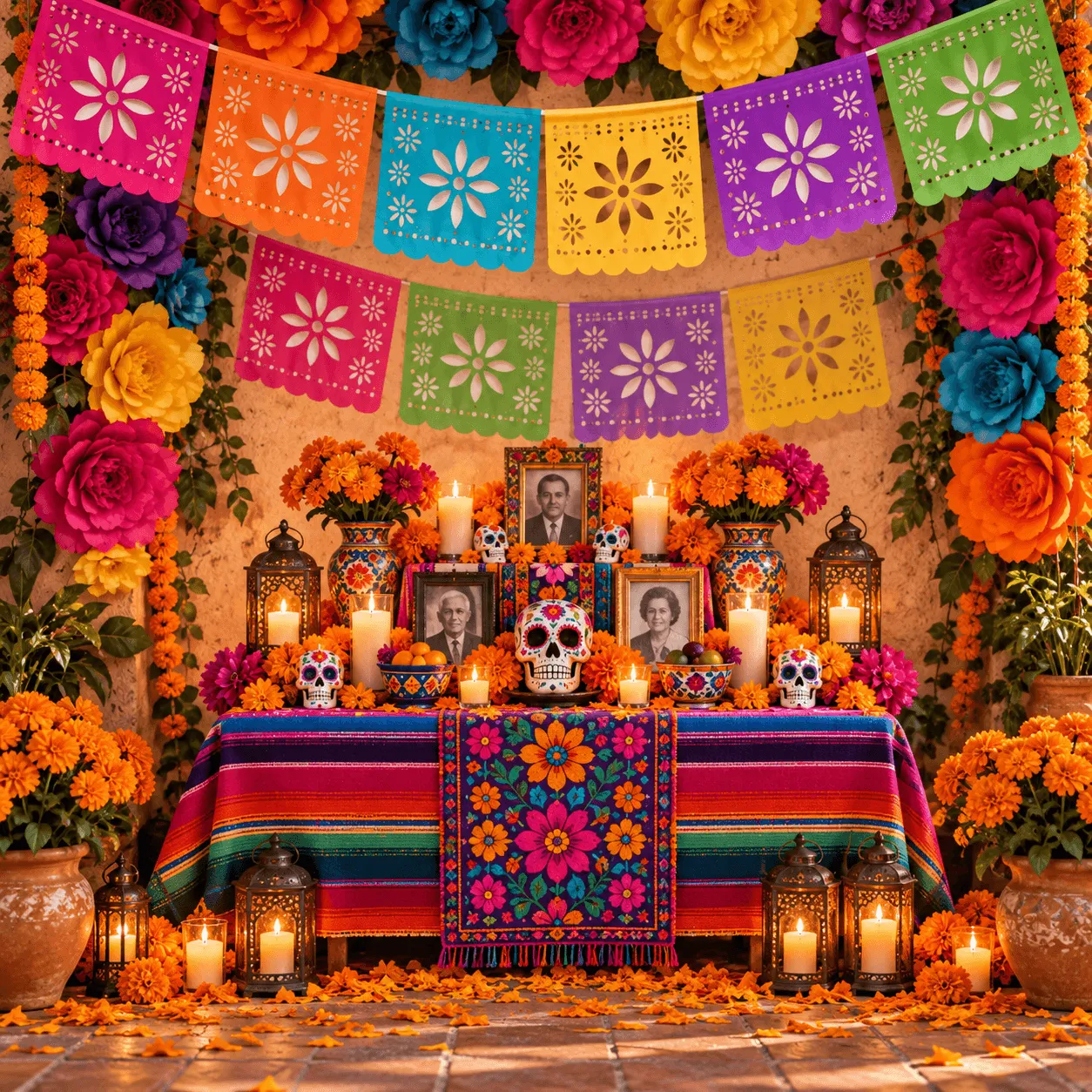 Papel picado y flores de papel